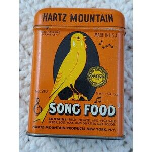 Vintage Hartz Mountain Song Food Tin Orange Canary Bird Seed Can USA
